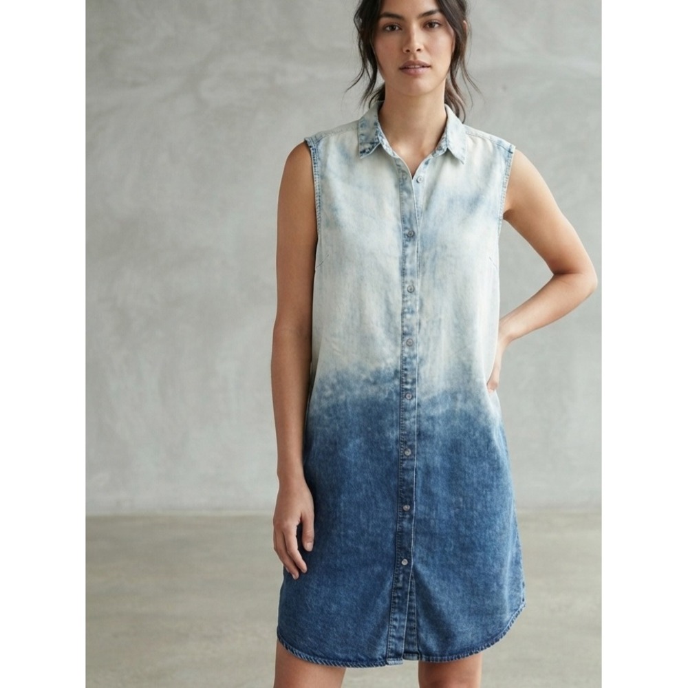 Calvin Klein Jeans Ombre Acid Wash Sleeveless Denim Shirt Dress Blue L